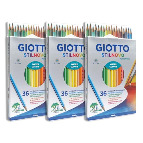 GiottooStilnovo - Lápices de acuarela, paquete de 3, 36 cajas de color, grado académico, núcleo fuerte de 3.3 mm, fácil de afilar, lápices de colores solubles en agua para estudiantes