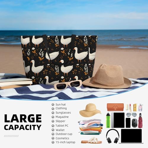 Large Beach Bags for Women Sandproof - Cute Goose White Print Summer Travel Work Tote Bags with Zipper4