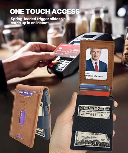 Men's Slim Bifold Wallet with Pop-Up Card Holder – RFID Blocking, Minimalist Aluminum Case, ID Window, Coin Pocket,Front Pocket Wallet with Gift Box(Brown)3