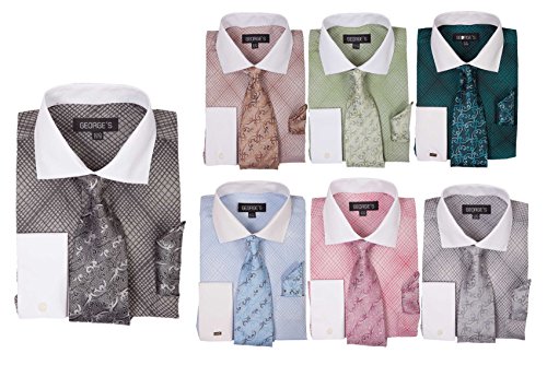 Fortino Landi Small Check Pattern Dress Shirt w/Tie Set & French Cuff AH62442