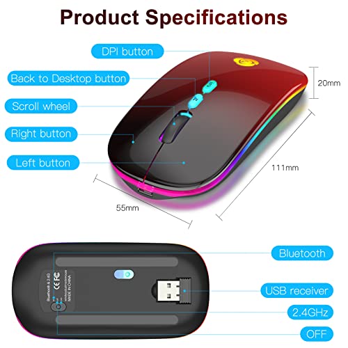 Cc Store Led Wireless Mouse, Bluetooth Mouse &2.4Ghz Instant Connection,Rechargeable Ultra Silent Slim,3 Dpi 2 Connection Modes With Usb-C To Usb Adapter For Laptop/Macbook/Pc/Tablet/Ipad (Black-Red) #TOP7