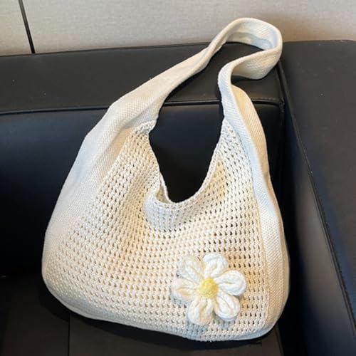 Floral Crochet Shoulder Bag Casual Hollow Out Knit Tote for Women(Apricot)3