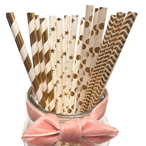 100 piezas Pajitas de Papel oro para fiesta con Dulce Diseño, Oro Raya, Billante doradas, onads estrellas, lunares pajitas