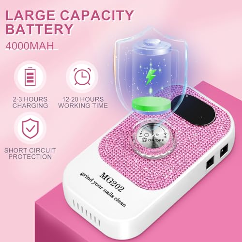 40000RPM Electric Nail Files Professional,Urbuti Portable Nail Drill Machine for Acrylic and Gel Nails,Rechargeable Electric Manicure Pedicure Set including 12 bits LCD Display for Home Salon (White 1) - Image 3