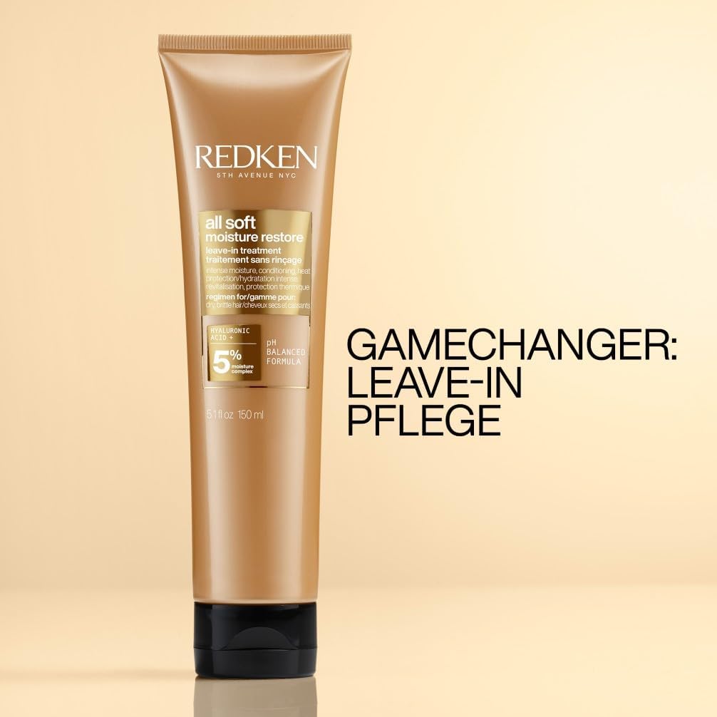 Redken Haarmaske mit Hyaluron für trockenes Haar, Anti-Frizz und Hitzeschutz bis 230° C, All Soft Moisture Restore Leave-In Maske, 1 x 150 ml