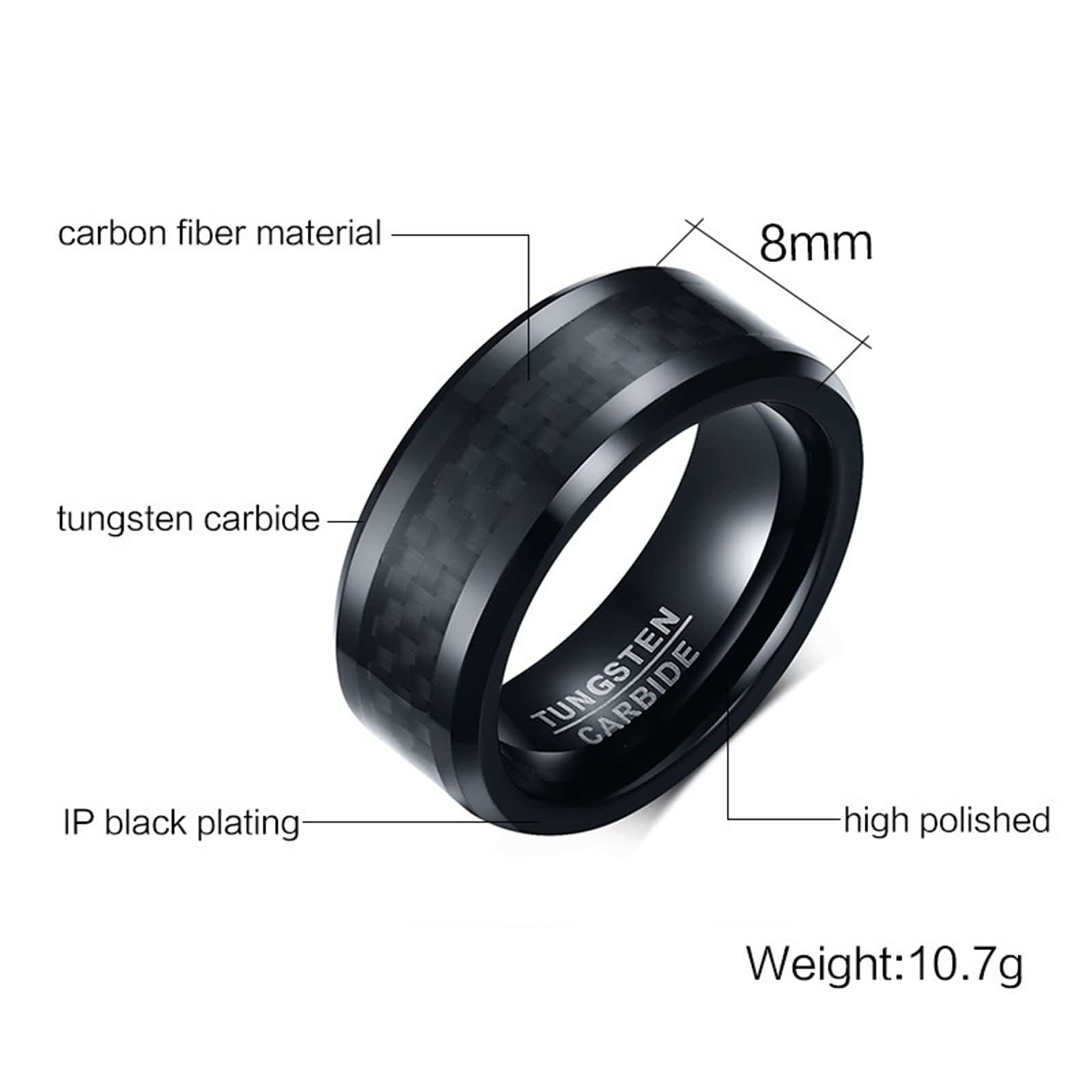 Anillos Tungsteno,Anillos Compromiso Baratos Pareja 8MM Anillo Negro con Fibra de Carbono