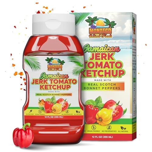 Image of Montego Island Foods Jamaican Jerk Tomato Ketchup - Thick & Rich Premium Ketchup with Scotch Bonnet Peppers, Allspice & Bold Caribbean Spices - All-Natural, Gluten-Free, Vegan - 12 oz Squeeze Bottle