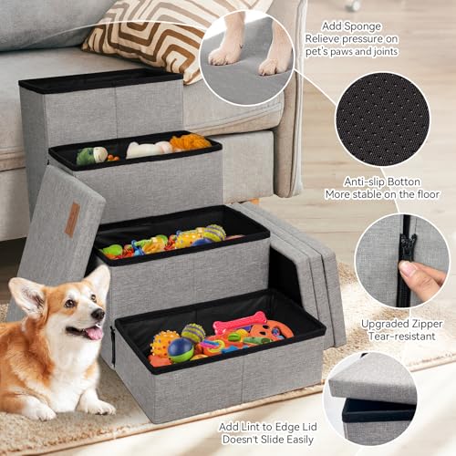 Image of Zerbuger Dog Stairs with Storage 23 inch H, 4-Step Wider Dog Steps for High Beds Window, Folding Sturdy Pet Stairs Gift for Injured Old Dogs Cats, Ramp for Climbing Car Up to 200 lbs,(Gray, No Condo)