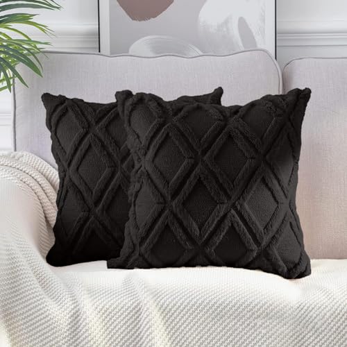 CJWLKJ 2Pcs Soft Faux Fur Throw Pillow Covers 18x18 - Plush Short Wool Velvet Decorative Pillow Covers - Couch Sofa Pillow Covers for Living Room - with 3D Pattern (Black)
