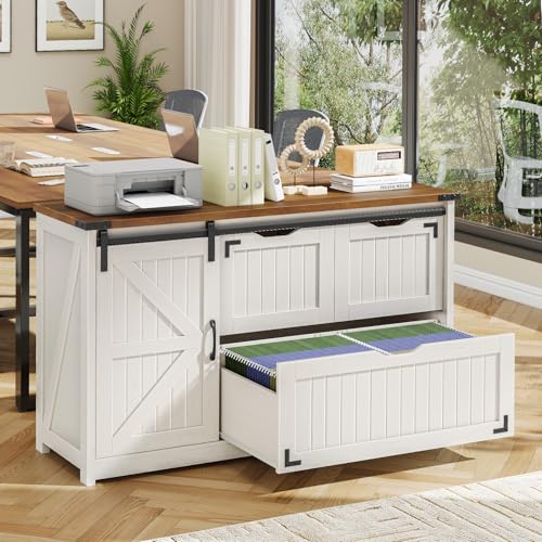 Halitaa 47.8” Farmhouse Lateral File Cabinet with Sliding Barn Door, 3 Drawers Filing Storage Cabinets with Adjustable Shelf, Office Printer Stand for Hanging Files Letter/Legal/F4/A4.