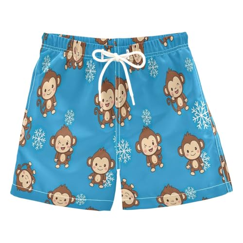 Kids Swim Trunks for Boys, Anti Chafe Swim Trunks Boys 2 T, Cute Cartoon Monkeys Snowflakes Blue