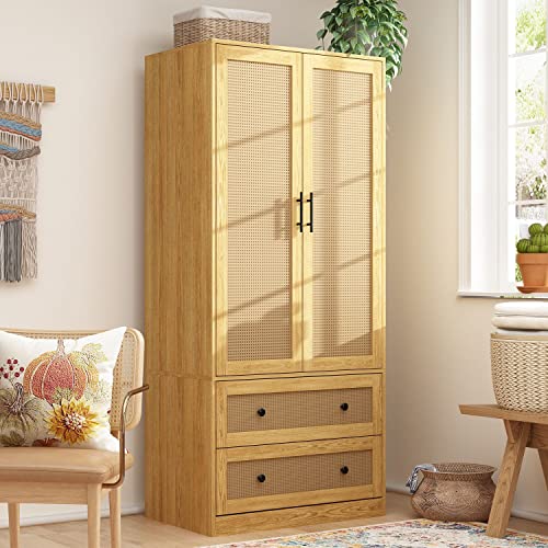 Didugo Rattan 2 Door Wardrobe Closet With 2 Drawers, Farmhouse Armoire Wardrobe With Hanging Rod, Black Metal Handles, Armoire Closet For Bedroom Oak (31.4”W X 19.6”D X 70.9”H) #TOP28