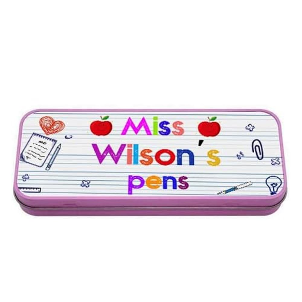 Personalised Teachers Any Name Gift Metal Pencil Case Tin. (Pink)