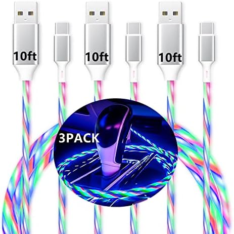 WFFOIFL USB Type C Cable(3-Pack 10ft), Led Light Up Charging USB A to USB C Flowing Charge Cord Compatible with Android Samsung Galaxy S10 S9 S8 Plus,Note 9 8,No Fast,USB C Charger