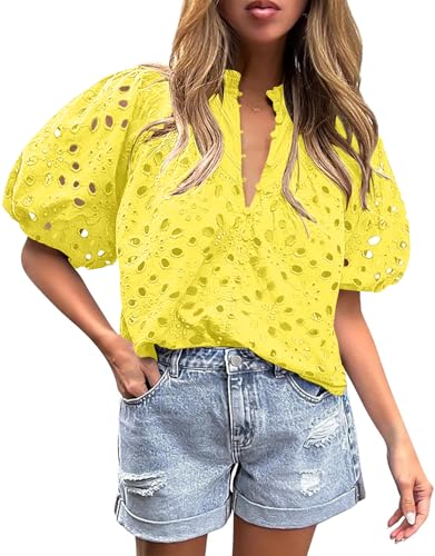 BETTE BOUTIK Women's Long Short Sleeve Tops 2025 Dressy Casual Button Hollow Out Lace Embroidered Blouses Shirts