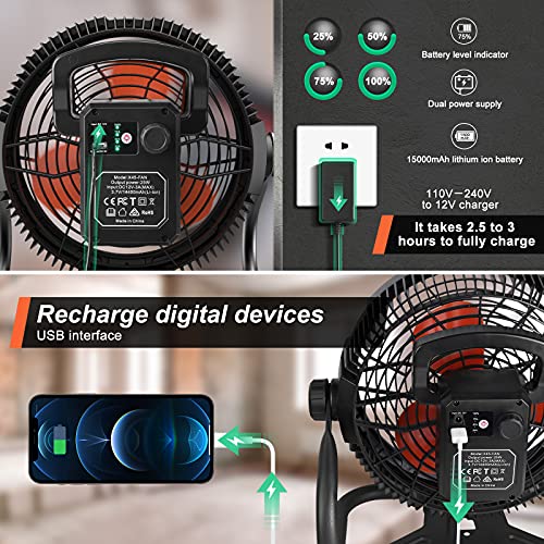 Rovtop 12" High Velocity Floor Fan, Rechargeable Outdoor Indoor Fan, 15000 Mah Cordless Portable Battery Operated Fan Run For 4.5-18 Hours, 360° Adjustable Tilt Industrial Camping Fan With Led Light #TOP4