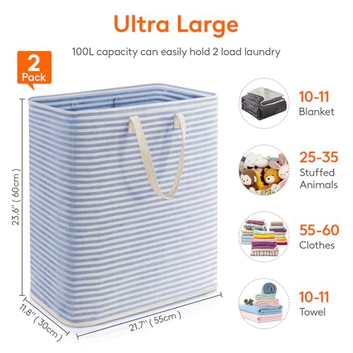 Image of Lifewit 2 Pack Laundry Basket 100L Each, Collapsible Clothes Hamper with Reinforced Handles, Freestanding Waterproof Design for Bedroom and Laundry Room, Blue 200L Total