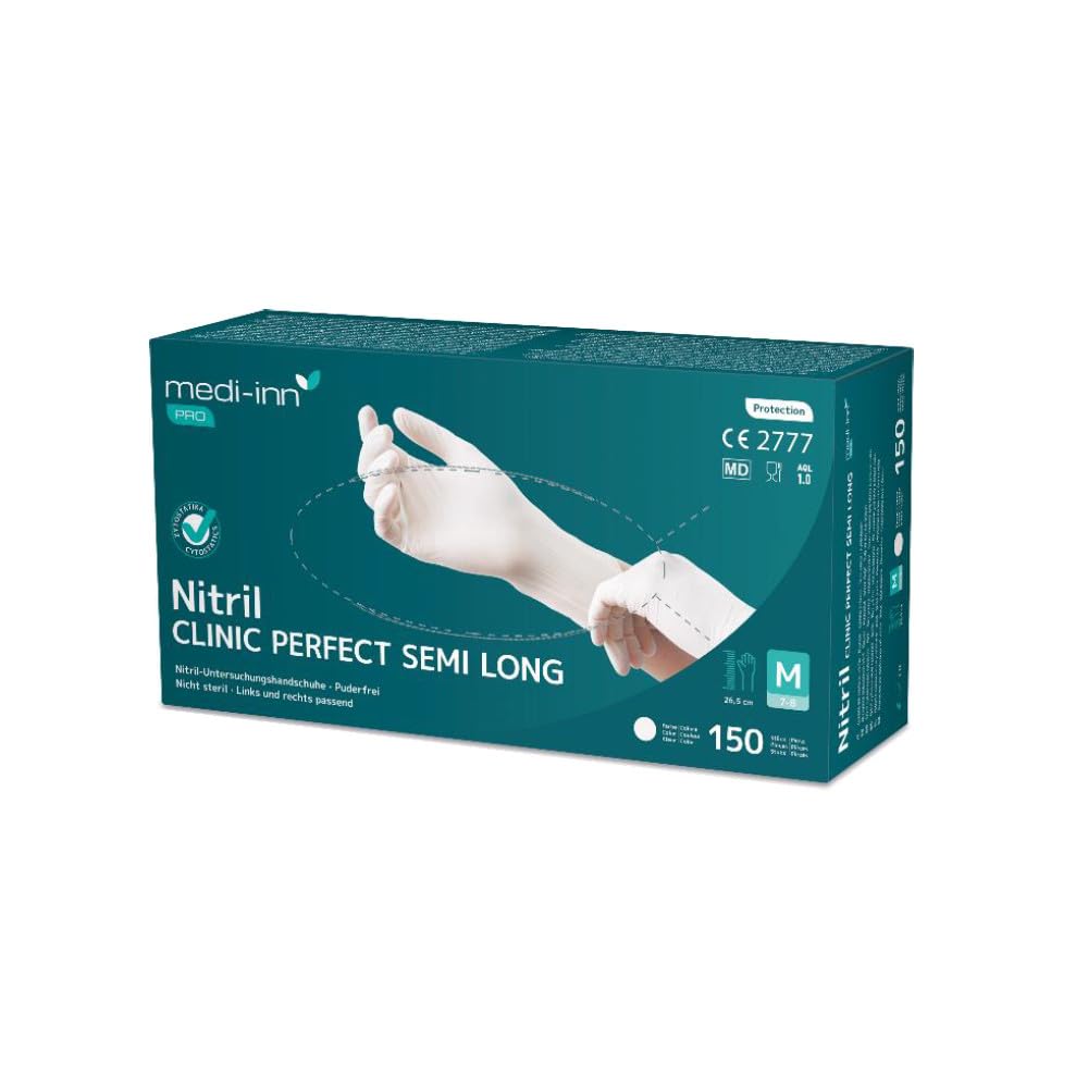 Medi-Inn PRO Clinic-Perfect Semi Long Nitril-Einmalhandschuhe, puderfrei, weiß (Gr. XL, 10 x 150 = 1500 Stück)