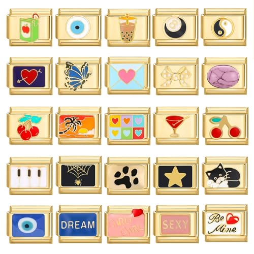 papasgix Custom Italian Charm Bracelet Charms Gold Set 10 Personalized Charm Brascelets 9mm Assorted Italian Charms Bracelet Links Handmade DIY Jewelry Butterfly Diamond4