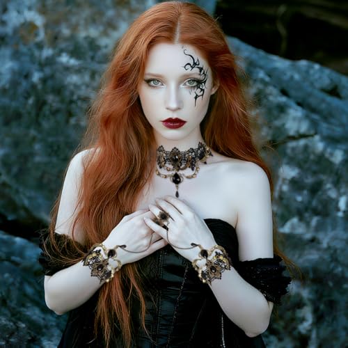 VerLuky 3 Pulseras y Collares Tipo Gargantilla Gótica,Accesorios de Joyería Gótica para Mujer,Pulsera de Encaje de Vampiro para Halloween Carnaval y Brujas - imagen 4