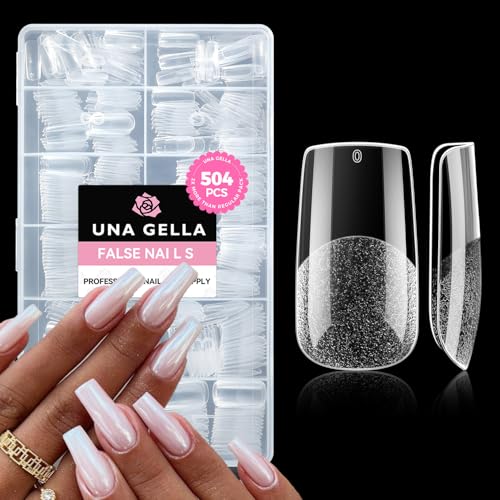 UNA GELLA Square Fake Nails, 504pcs Gel Nail Tips Clear Press on Nails Pre-shape for Full Cover Square Nails French False Nails For Nail Extension Nail Art Home DIY 12 Sizes False Gelly Tips