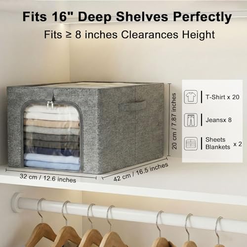 Image of GoMaihe Clothes Storage Bins Metal Frame: 3-Pack Compact Stackable Closet Storage Bin with Lid & Clear Window, Space Saving Organizer for Sweaters Kids Clothes (Dorm /Closet 27L)
