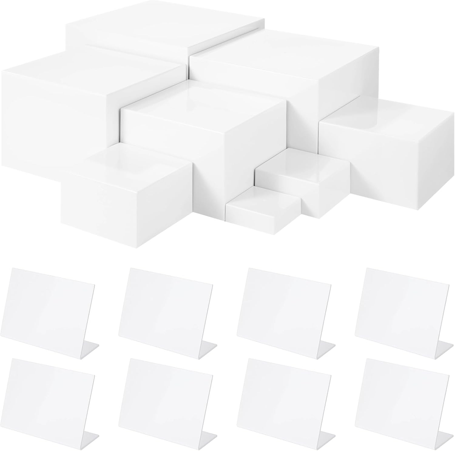 16-Piece Acrylic Display Set, 8 Nesting Risers with Hollow Bottoms and 8 Display Stands Included, Elevate Your Party Table with 3"-10" White Square Risers for Cakes, Cupcakes, and Snacks