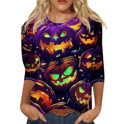 Cute Funny Halloween Shirts for Women Plus Size 3/4 Length Long Sleeve Womens Tops Witch Gothic Renaissance Shirt