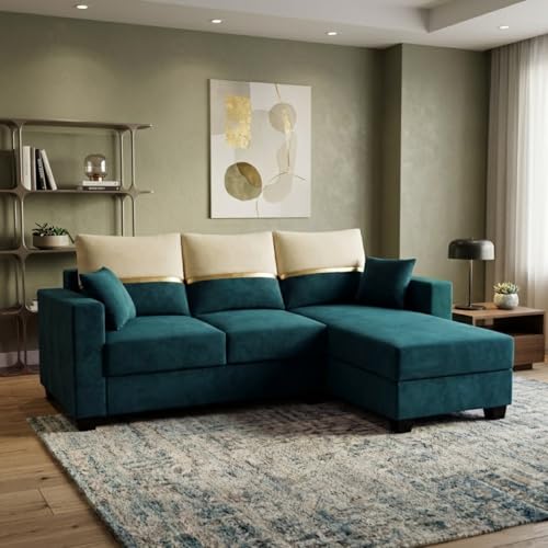 Image of Furny Arvea 4 Seater Fabric RHS L Shape Sofa Set (Greenish Teal) | Soft Velvet Fabric | Modern Design | Comfortable Seating | Living Room Furniture