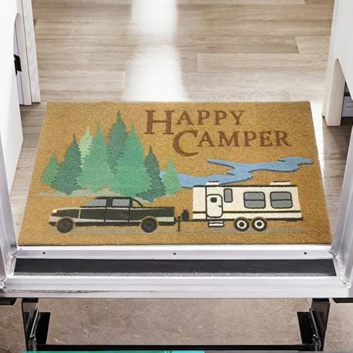 Aucuda Happy Camper Door Mat Outdoor Washable for Kitchen Floor, Welcome Muddy Mats for Front Door Outside Entrance, 30"x17" Entryway Rubber Rug Waterproof for RV, Trailer, Motorhome, Porch, Patio.