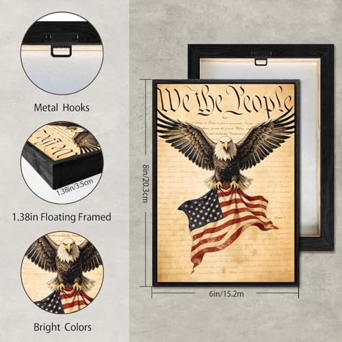 Image of American Flag Framed Canvas Wall Art, 4th of July Red White Blue Canvas Prints, USA Flag with Bald Eagle Patriotic Decorations, Vintage Independence Day Wall Decor for Bedroom Living Room 6x8