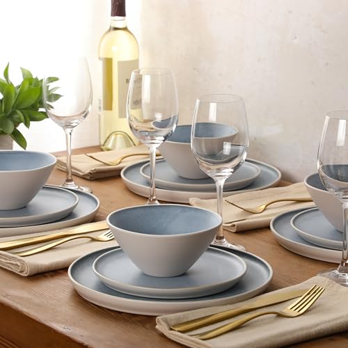 Image of Gibson Elite Coastal Forest Plates and Bowls Sets, 12-Piece Stoneware Dinnerware Sets, Triple Reactive Glaze Dish Set - Blue and Cream White