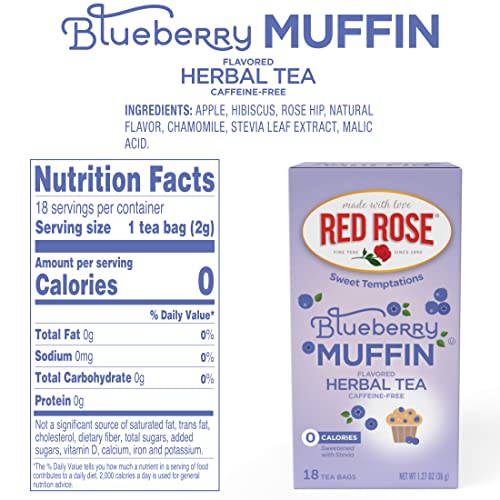 Red Rose Sweet Temptations Dessert Tea Blueberry Muffin, Zero Carbs, Zero Sugar Bursting With Flavor Caffeine-Free Delicious Beverage Herbal Tea, 18 Count Pack Of 6 Fruit Naturally Flavored Herbal Tea #TOP4