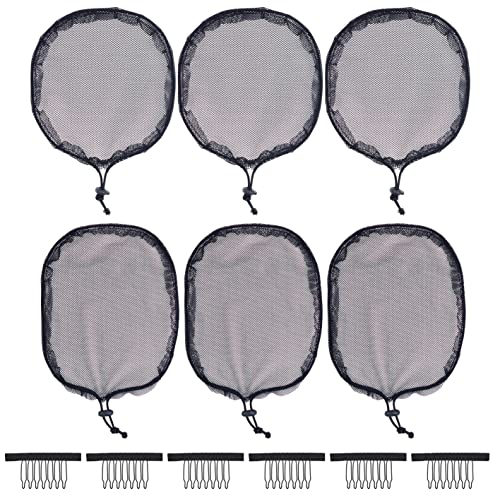 6 piezas de malla de tejido negro elástico cordón de tracción de cola de caballo red para hacer afro Puff pelo peluca (3 piezas redondas 3 piezas cuadrado)