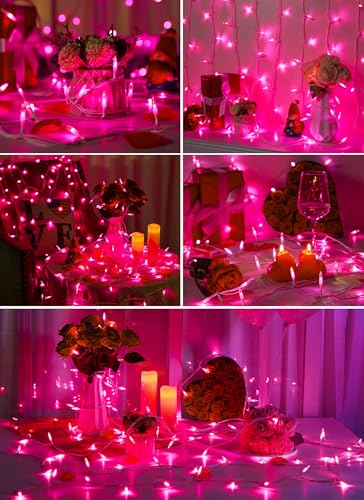 Image of Pink Christmas Mini Lights, 39Feet 100 LED Pink String Light with 8 Lighting Modes, Connectable Valentine's Lights for Indoor Outdoor Valentine's Day Garland Wreath Holiday Decoration, White Wire