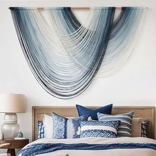 Macrame Wall Hanging Large Boho Wall Decor Navy Blue Ombre Fiber Wall Art Handmade...