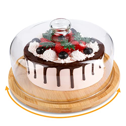 11 Inch Bamboo Cake Stand With 10 Inch Glass Dome Cover, Anmeish Rotating Cupcake Display Plate With Lid, Cake Holder With Turntable Base #TOP7