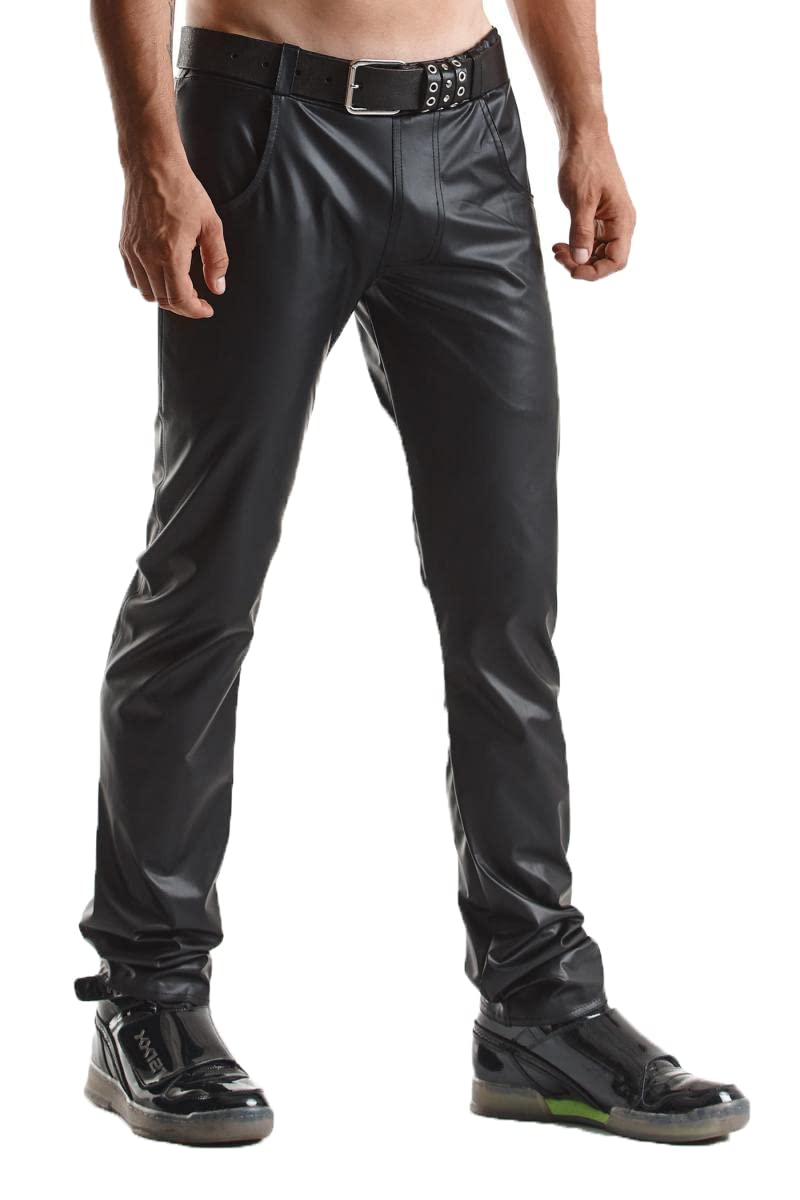 Regnes Fetish Planet Lange Herren Hose schwarz aus elastischem Wetlook-Material matt und tief Geschnittener Taille