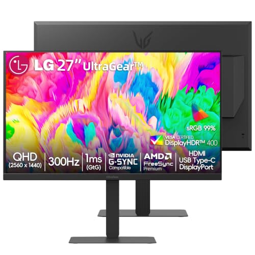 Image of LG 27 inch Ultragear QHD Gaming Monitor, 300Hz, 1ms, NVIDIA G-Sync, AMD FreeSync Premium, VESA DisplayHDR 400, DisplayPort, HDMI 2.1, USB Type-C, Tilt /Height /Swivel /Pivot Adjustment Stand, Black
