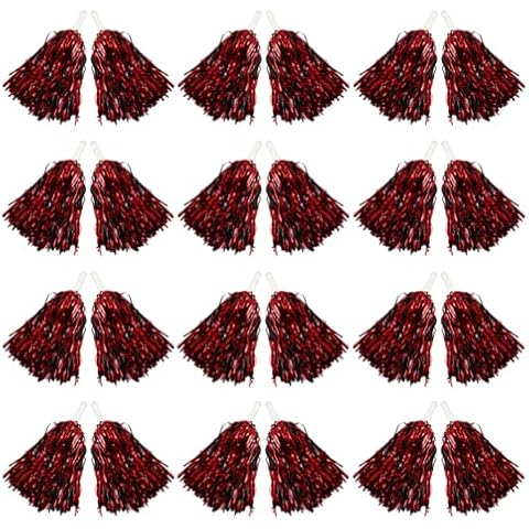 Hooshing 24PCS Pom Poms Cheer Red and Black Metallic Cheer Pom Poms with Plastic Handles for Team Sports Party Dance Cover