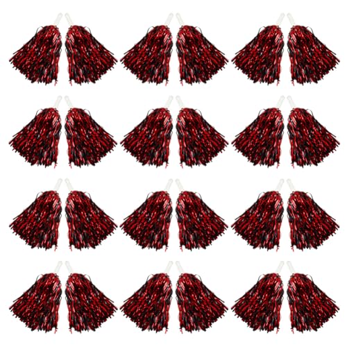 Hooshing 12PCS Pom Poms Cheerleading Black and Red Metallic Foil Cheer Pom Poms with Plastic Handles Sports Spirited for Girls Kids Adults