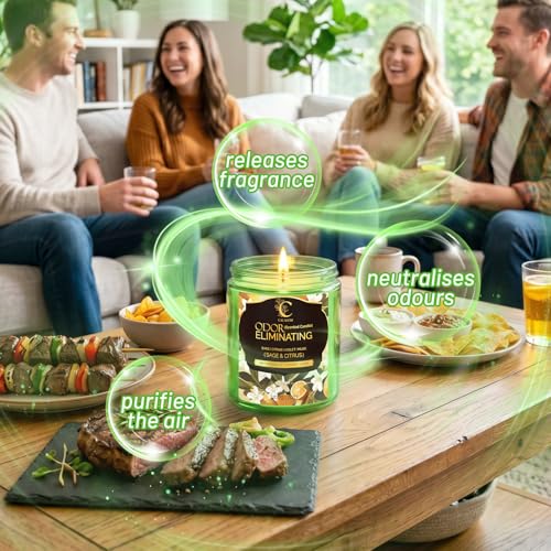 Image of Odor Eliminating Candle, Scented Candles Set for Home, 4 x 7oz | Eliminates 95% Of Pet, Food & Other Smells, Soy Wax Candles, 50Hr Burn, Air Fresh Scent of Lavender /Coconut /Rose,Sage Citrus