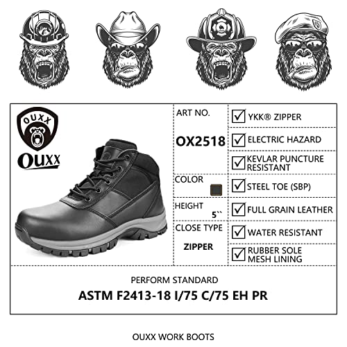 Image of Mens Work Boots, YKK Zipper, Steel Toe Rubber Leather Safety Shoes, Waterproof, Puncture-Proof(Black, OX2518, US 10.5)