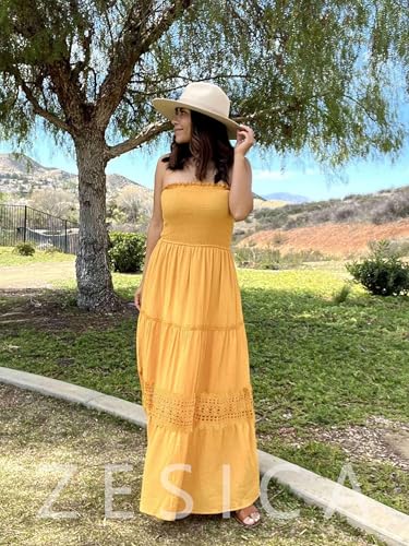 Image of ZESICA Women's 2026 Summer Boho Maxi Dresses Strapless Off Shoulder Lace Flowy A Line Beach Vacation Long Sundress