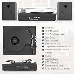 Vinyl Record Player with Two Stereo Speakers, Bluetooth Playback Turntable with 3 Speed AUX Headphone Input and RCA Out, Retro Black - Les Beatles, Paul McCartney, John Lennon, RIngo Starr, George Harrison Vinyl Record Player with Two Stereo Speakers, Bluetooth Playback Turntable with 3 Speed AUX Headphone Input and RCA Out, Retro Black – Image 5