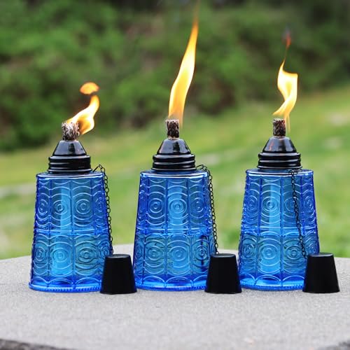 Seraphic Citronella Table Top Torches for Outdoor Patio, 16oz Decorative Glass Torch Citronella Candles for Outside Deck, Garden, Parties, Set of 3, Cobalt Blue
