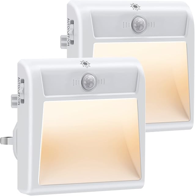 Night Light Plug in Wall, 2 Pack Dimmable Plug in Night Lights with Motion Sensor, LED NightLights with 3 Modes (ON/ AUTO/ Off) for Hallway, Kids Bedroom, Stairs, Kitchen (Warm White)