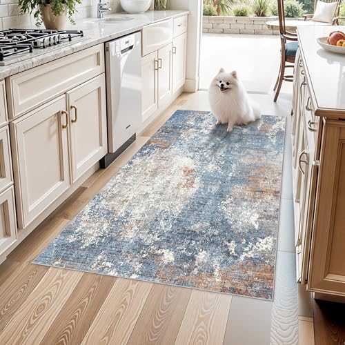 4x5 Washable Entryway Rug – Non-Slip Low Pile Throw Area Rug for Bathroom Kitchen Living Room Bedroom – Modern Abstract Neutral Soft Indoor Small Carpet (Blue Rust,4x5)