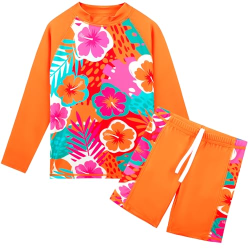 Image of TFJH E Girls Long Sleeve Two Piece Rash Guard Set UPF 50+ 3-13 Y | Stretchy & quick-dry fabric, breathable & lightweight, UPF 50+ sun protection, ideal for pool beach vacation
