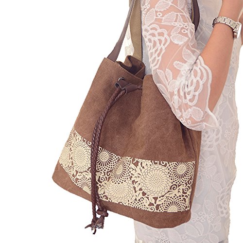 Eleoption Paracity Sac à main en toile de coton, à bandoulière, rétro, mode style décontracté, pour femme, fille, série double usage M-Girl, Brown
